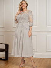 A-line Scoop Illusion Tea-Length Chiffon Lace Mother of the Bride Dress With Sequins Beading